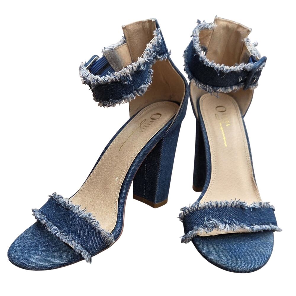 Olivia Ferguson Denim Block Heel Sandals 7 Frayed Barely There Chic - Picture 5 of 10